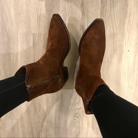 Frye Sacha Short Brown Suede Cowboy Ankle Bootie - Picture 6 of 14